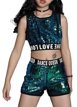 SEAUR Mädchen Pailletten Tanzkostüm Hip Hop Jazz Tanz Kleidung Street Dance Outfits Kinder Dancewear Set Crop Top Shorts - 140(130-140cm) von SEAUR