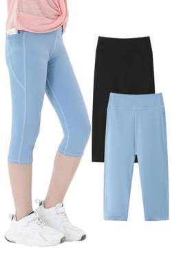 SEAUR Mädchen Sport Leggings 3/4 Yogahose mit Tasche Einfarbig Eng Jogginghose Laufhose Sporthose Trainninghose - 160 (152/158) von SEAUR