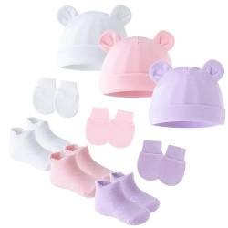SEAUR Newborn Baby Mütze Handschuhe Socken Set Baumwolle Babymütze Weich Stretch Süß Beanie Hut Neugeborene Mädchen Jungen 0-6 Monate von SEAUR