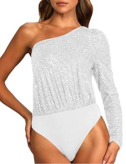 SEAUR Pailletten Oberteil Damen Bodysuit Elegant One Shoulder Bluse Glitzer Body Festlich Party Pullover Tops S Silber von SEAUR