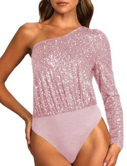 SEAUR Pailletten Oberteil Damen Rückenfreies Party Oberteil One Shoulder Body Glitzer Bluse Festliche Tops Langarm M Rosa von SEAUR