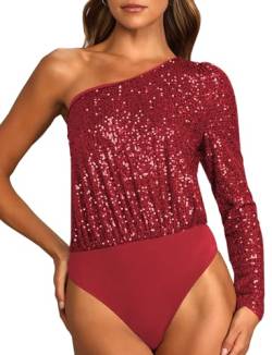 SEAUR Pailletten Oberteil Damen Rückenfreies Party Oberteil One Shoulder Body Glitzer Bluse Festliche Tops Langarm M Rot von SEAUR