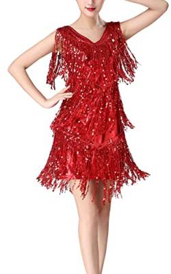 SEAUR - Pailletten-Quastenkleid für Frauen 1921er Flapper-Kleid Latein-Tanz-Kostüm Party Cocktailkleid, rot, X-Large von SEAUR