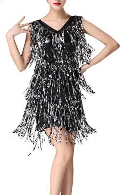 SEAUR - Pailletten-Quastenkleid für Frauen 1921er Flapper-Kleid Latein-Tanz-Kostüm Party Cocktailkleid, schwarz 1, L von SEAUR