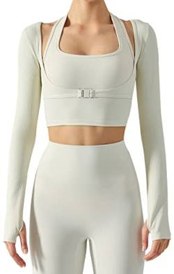 SEAUR Sport T-shirt Damen Eng Langarm Crop Top Yoga Sportshirt 2 in 1 Fitness Oberteil Longsleeve Workout Gym Neckholder Laufshirt - L von SEAUR