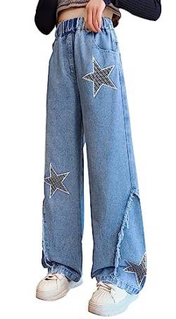SEAUR Sterne Jeans Kinder Mädchen Baggy Denim Jeanshose Weites Bein High Waist Cargo Hosen Loch Bootcut Vintage Y2K Jeans Lang Gummibund 122/128 (6-7 Jahre) von SEAUR