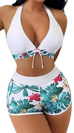 SEAUR Zweiteiliger Badeanzug Damen Bikini Set Blumenmuster Badeshorts mit Oberteil Bikini Top Two Piece Swimsuit Sommer Schwimmbad Pool Strand Bademode mit Swim Shorts - M von SEAUR