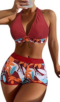 SEAUR Zweiteiliger Badeanzug Damen Bikini Set Blumenmuster Badeshorts mit Oberteil Bikini Top Two Piece Swimsuit Sommer Schwimmbad Pool Strand Bademode mit Swim Shorts - XL von SEAUR