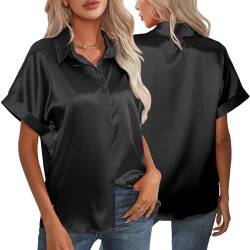 Satin Bluse V-Ausschnitt Causal Satinblusen Lässige Seidenbluse Oberteil Tops Kurzarm Shirts Tunika Hemd 2XL von SEAUR