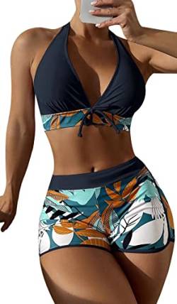 Zweiteiliger Badeanzug Damen Bikini Set Blumenmuster Swim Shorts Bademode mit Oberteile Push Up Bikini Top M von SEAUR