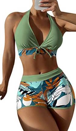 Zweiteiliger Badeanzug Damen Bikini Set Blumenmuster Swim Shorts Bademode mit Oberteile Push Up Bikini Top M von SEAUR