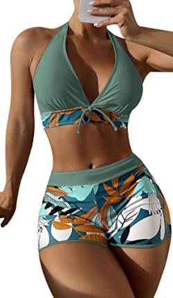 Zweiteiliger Badeanzug Damen Bikini Set Blumenmuster Swim Shorts Bademode mit Oberteile Push Up Bikini Top M von SEAUR