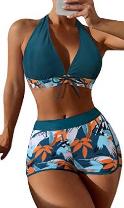 Zweiteiliger Badeanzug Damen Bikini Set Blumenmuster Swim Shorts Bademode mit Oberteile Push Up Bikini Top XL von SEAUR
