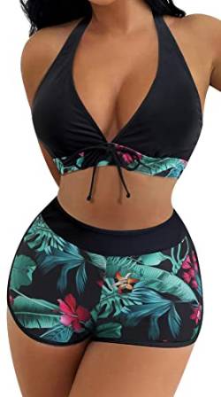 Zweiteiliger Badeanzug Damen Bikini Set Blumenmuster Swim Shorts Bademode mit Oberteile Push Up Bikini Top XL von SEAUR