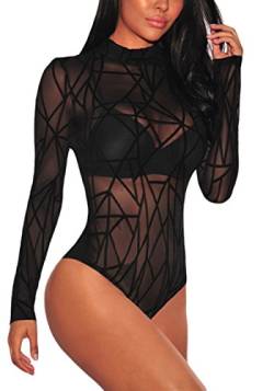 LRUD Frauen Schier Mesh Geometrische SAMT Body Langarm Rollkragen Bluse Oberteile Schwarz Overall, L, #12 Black von SEBOWEL