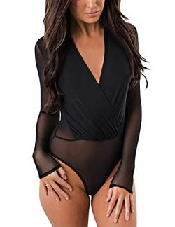 LRUD Frauen Schier Mesh Langarm V-Ausschnitt Body Bluse Oberteile Schwarz Overall, M, #14 Black von SEBOWEL