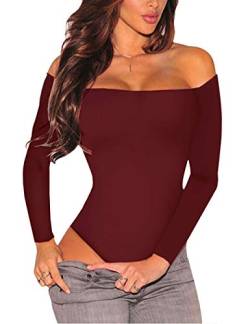 SEBOWEL Body Schulterfrei Damen Sexy Langarm Bodysuit Tops Unterhemd Langarmbody für Frauen(XXL, Winerot) von SEBOWEL