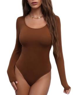 SEBOWEL Bodys für Damen Langarm Rundhals aus Baumwolle Bodysuit Tops Unterhemd Langarmbody für Frauen (Braun,XXL) von SEBOWEL