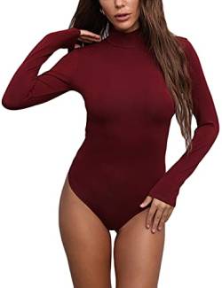 SEBOWEL Bodys für Damen Stehkragen Langarm Bodysuit Frauen Unterziehbody Damenbody mit Rollkragen (S, Wine) von SEBOWEL