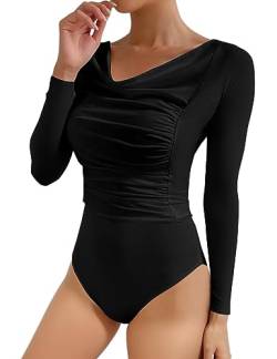 SEBOWEL Damen Body Langarm Elegant Bodysuit V-Ausschnitt Einfarbig Oberteil Body Tops Schwarz XL von SEBOWEL