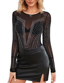 SEBOWEL Damen Body Langarm Mesh Bodysuit Sexy Body Tops Clubwear Schwarz L von SEBOWEL