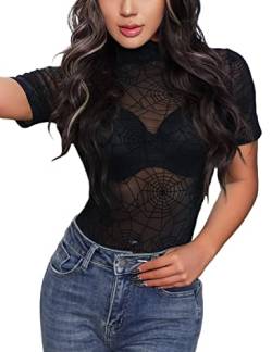 SEBOWEL Damen Body Sexy Bodysuit Transparent Sheer Mesh Kurzarm Bodysuit Tops Schwarz M von SEBOWEL