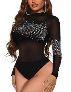 SEBOWEL Damen Body Sexy Sheer Mesh Langarm Strass Bodysuit Body Tops Schwarz L von SEBOWEL