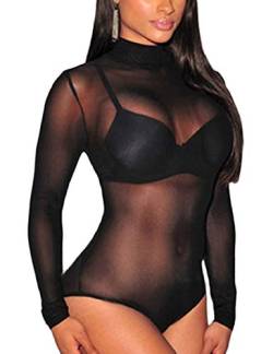 SEBOWEL Damen Body Sexy Transparent Mesh Langarm Bodysuit Tops (L, Schwarz) von SEBOWEL