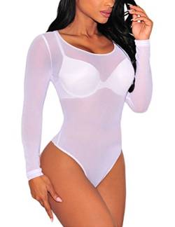 SEBOWEL Damen Body Sexy Transparent Mesh Langarm Bodysuit Tops (M, Weiß) von SEBOWEL