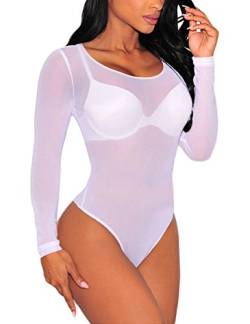 SEBOWEL Damen Body Sexy Transparent Mesh Langarm Bodysuit Tops (S, Weiß) von SEBOWEL