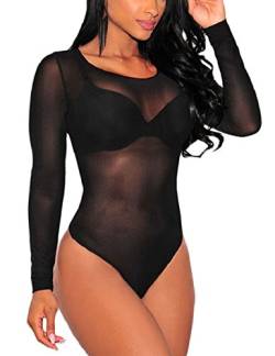 SEBOWEL Damen Body Sexy Transparent Mesh Langarm Bodysuit Tops Schwarz S von SEBOWEL