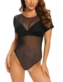 SEBOWEL Damen Bodys Sexy Bodysuit Transparent Mesh Kurzarm Bodysuit Tops Schwarz M von SEBOWEL