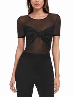 SEBOWEL Damen Bodysuit Rundhals Langarm Sexy Sheer Mesh Bodys Schwarz XL von SEBOWEL