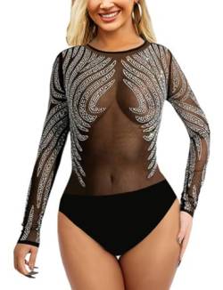 SEBOWEL Damen Bodysuit Sexy Strass Mesh Body See Through Bodysuit Body Tops Schwarz XXL von SEBOWEL