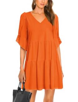 SEBOWEL Damen Minikleid V-Ausschnitt Lässiges Swing Kleid Elegant Rüschenkleid Orange S von SEBOWEL