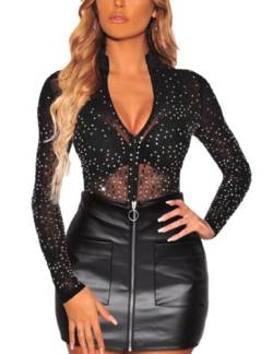 SEBOWEL Damen Netzstoff Shirt Glitzer Top Sexy Langarmshirt Club Mesh Oberteile Bluse Tunika Schwarz L von SEBOWEL