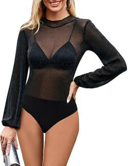 SEBOWEL Damen Sexy Bodys Sheer Mesh Bodysuit Elegant Langarm Body Top Schwarz XXL von SEBOWEL