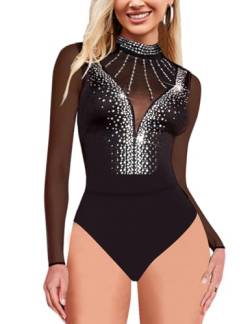 SEBOWEL Damen Sexy Sheer Mesh Body Strass Durchsichtige V-Ausschnitt Bodysuit Tops Schwarz L von SEBOWEL