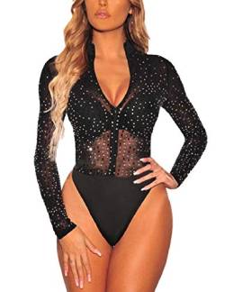 SEBOWEL Damen Sexy Sheer Mesh Bodysuit Strass Durchsichtige Langarm Trikot Jumpsuit Tops Bodycon Bluse T Shirt (S, Schwarz) von SEBOWEL