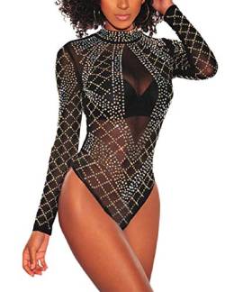 SEBOWEL Damen Sexy Sheer Mesh Bodysuit Strass Durchsichtige Langarm Trikot Jumpsuit Tops Bodycon Bluse T-Shirt (XL, Schwarz) von SEBOWEL