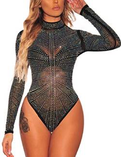 SEBOWEL Damen Sexy Sheer Mesh Bodysuit Strass Durchsichtige Langarm Trikot Jumpsuit Tops Bodycon Bluse T-Shirt (XXL, Schwarz) von SEBOWEL