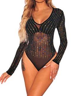 SEBOWEL Damen Sexy Sheer Mesh Bodysuit Strass Durchsichtige Langarm Trikot Jumpsuit Tops Bodycon Bluse T-Shirt Schwarz XXL von SEBOWEL