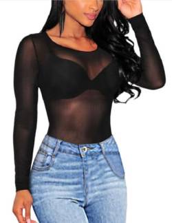 SEBOWEL Damen Sexy Sheer Mesh Oberteile Langarm Glitzer Top Mesh Shirt Transparent Oberteile Schwarz M von SEBOWEL