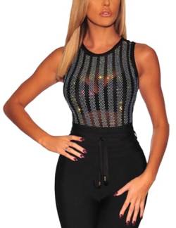 SEBOWEL Damen Sexy Sheer Mesh Tops Strass Durchsichtige Oberteile Bodycon Bluse Shirt Schwarz M von SEBOWEL