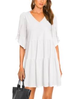 SEBOWEL Damen Sommerkleid Kurz Casual Minikleid Elegant Tunika Kleid Hemdkleid Damen Weiß L von SEBOWEL