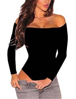 SEBOWEL Damen Stretch Schulterfrei Tiefebene Bodysuit Langarm Bodys Body Leotard Top Oberteil, Schwarz, M von SEBOWEL