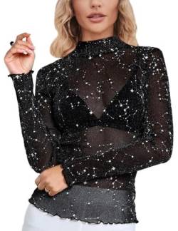 SEBOWEL Durchsichtige Oberteil Damen Mesh Glitzer Top Langarm Transparentes Shirt Clubwear Party Tops Schwarz L von SEBOWEL