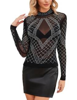 SEBOWEL Glitzer Top Damen Sexy Mesh Sheer Oberteile Transparentes Mesh Shirt Clubwear Schwarz L von SEBOWEL