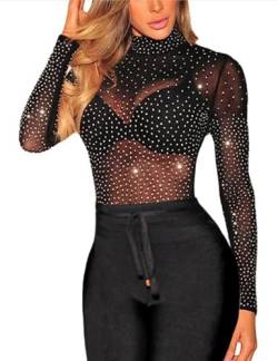 SEBOWEL Mesh Top Damen Glitzer Shirt Mit Strass Netzstoff Oberteil Sexy Party Tops Clubwear Schwarz S von SEBOWEL