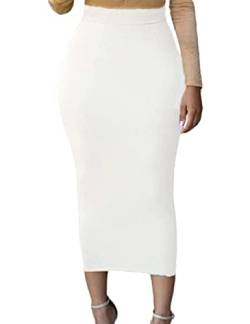 SEBOWEL Röcke für Damen Bleistiftrock Lang Elastische Taille Einfarbig Business Bleistift Röcke (L, Weiß) von SEBOWEL
